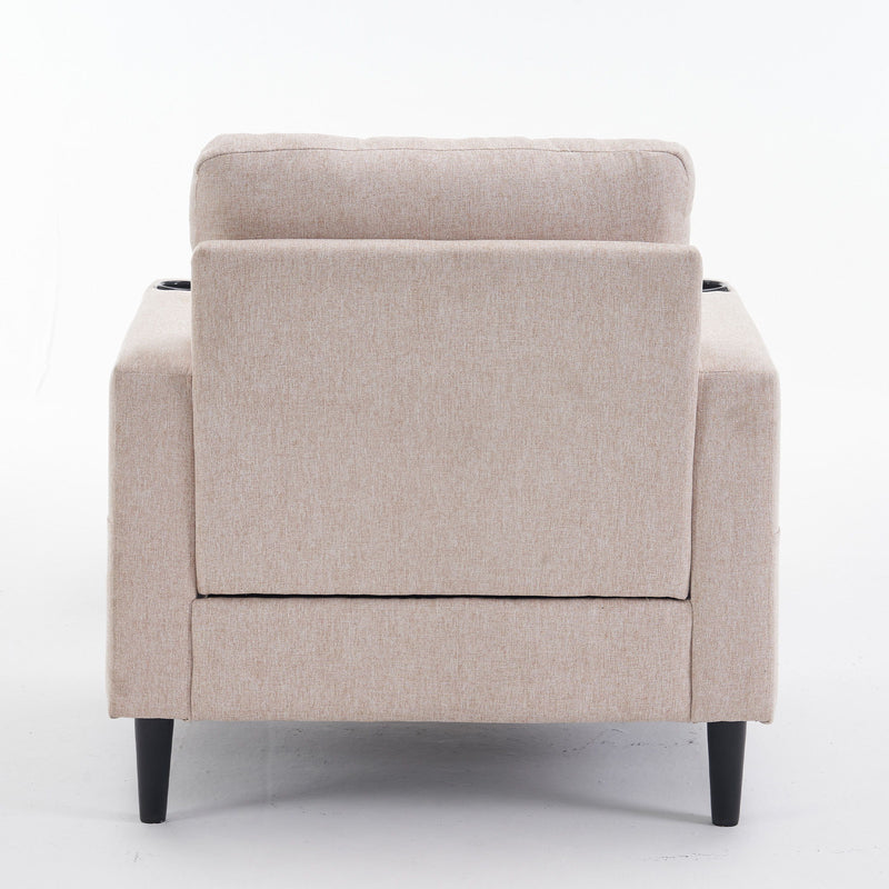 Beige Upholstered Armchair And Storage Ottoman Set, Comfortable Single Sofa With Cup Holders And Tufted Detailing, Ideal For Living Room Or Bedroom - Beige