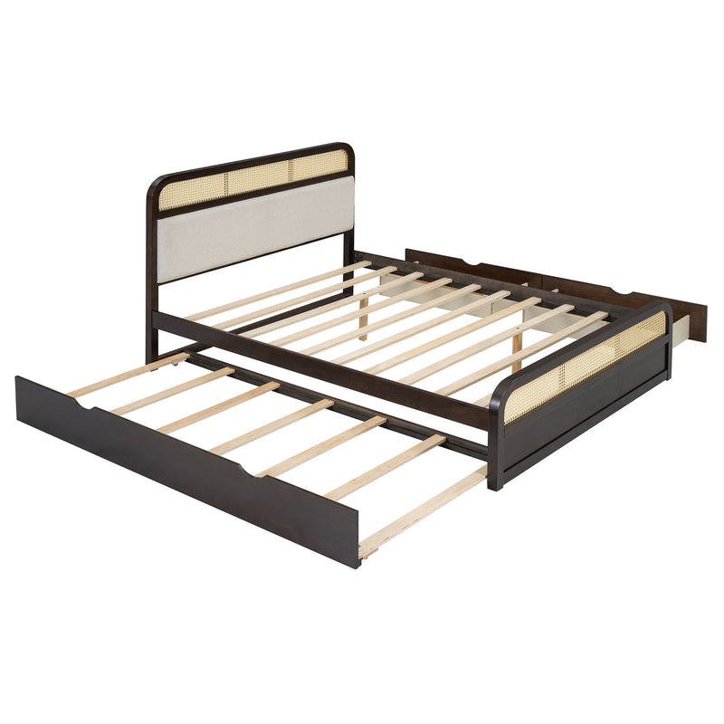 Wooden Platform Bed With Trundle And 2 Drawers