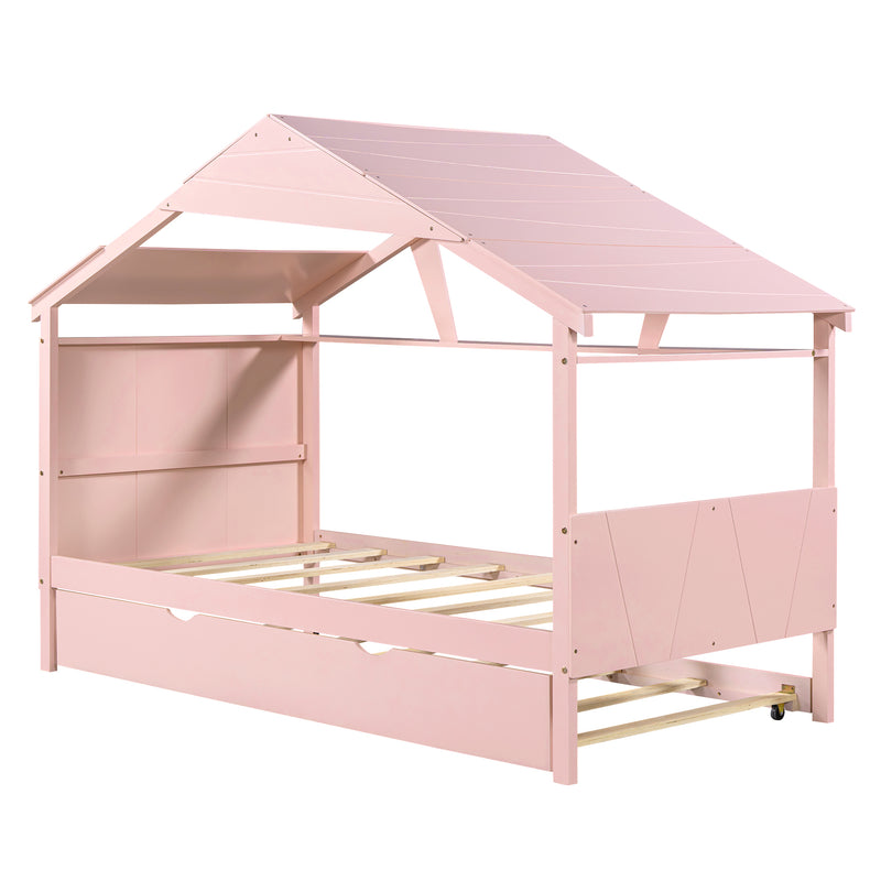 Wood Twin Size House Bed with Trundle and Storage, Pink