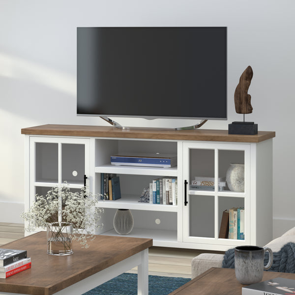 Bridgevine Home Hampton 67 inch TV Stand Console for TVs up to 80 inches, No Assembly Required, Jasmine Whitewash and Barnwood Finish