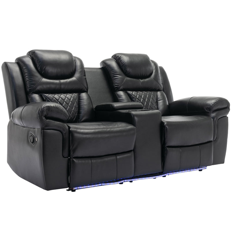 Home Theater Seating Manual Recliner Loveseat With Hide-Away Storage, Cup Holders And Led Light Strip For Living Room