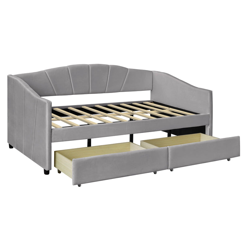 Twin Size Upholstered Daybed With Two Drawers And Wood Slat - Gray