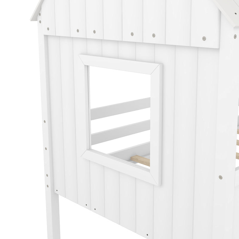 Twin Size Low Loft Wood House Bed with Two Side Windows  (White)(OLD SKU: LP000037AAK)