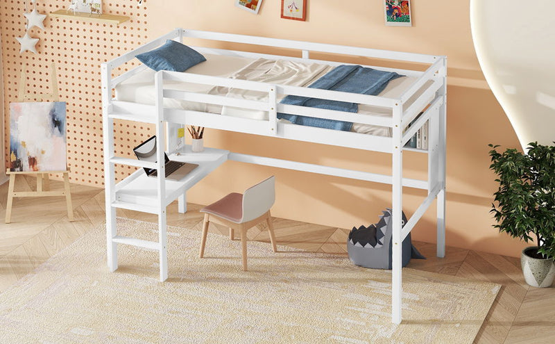 Loft Bed With Desk And Shelves, Safety Guardrail And Ladder