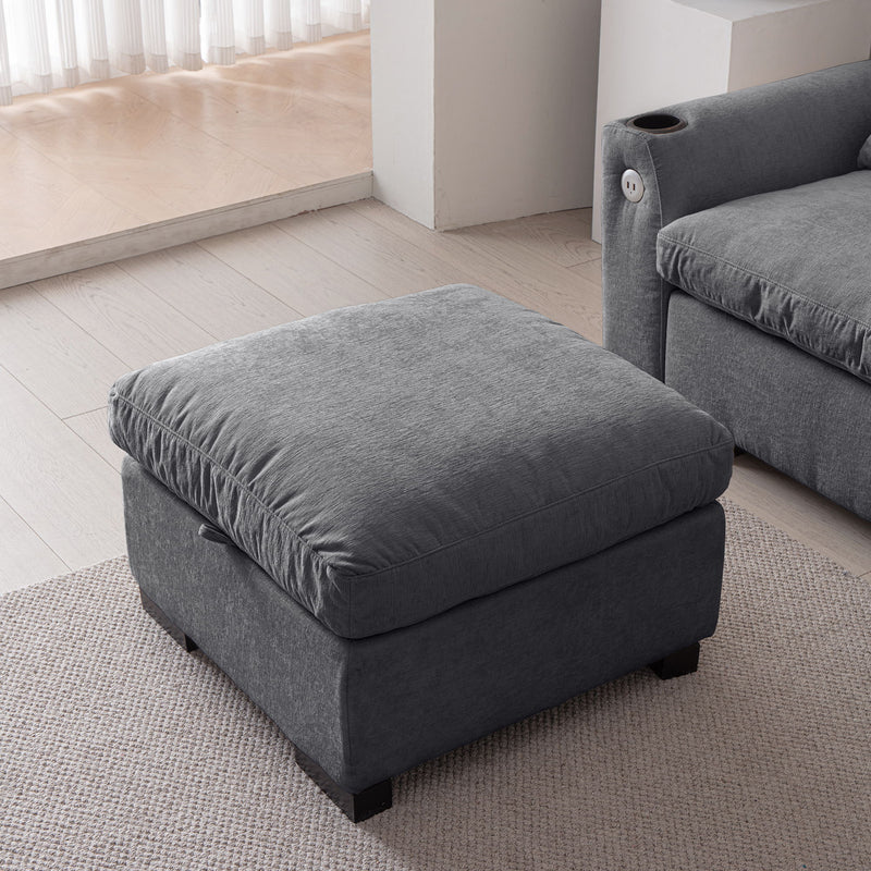 Modern Modular L Shaped Chenille Sofa Couch Reversible Ottoman With Storage Removable And Washable Cushions Sofa With USB Ports & Cup Holder For Living Room