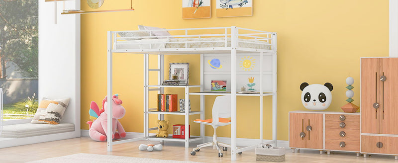 Full Size Loft Bed With Desk And Whiteboard, Metal Loft Bed With 3 Shelves And Ladder - White