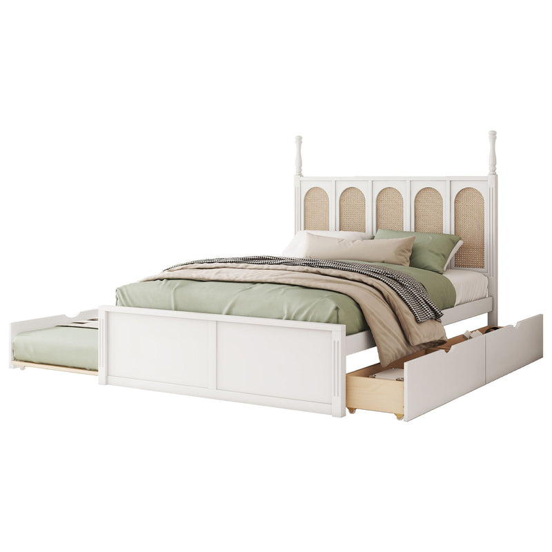 Rattan Platform Bed With With 2 Big Drawers With Trundle