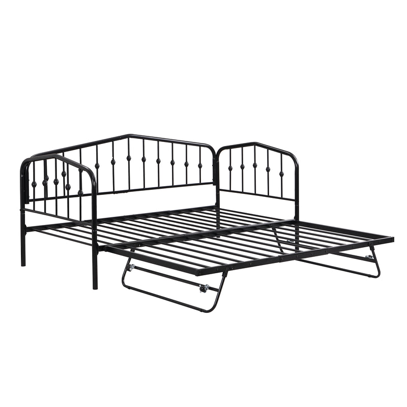 Twin Size Stylish Metal Daybed with Twin Size Adjustable Trundle, Portable Folding Trundle, Black