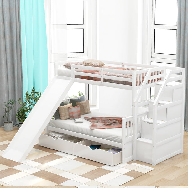 Twin over Full Bunk Bed with Drawers,Storage and Slide, Multifunction, White