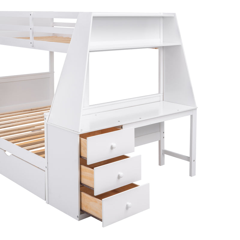 Twin over Full Bunk Bed with Trundle and Built-in Desk, Three Storage Drawers and Shelf,White