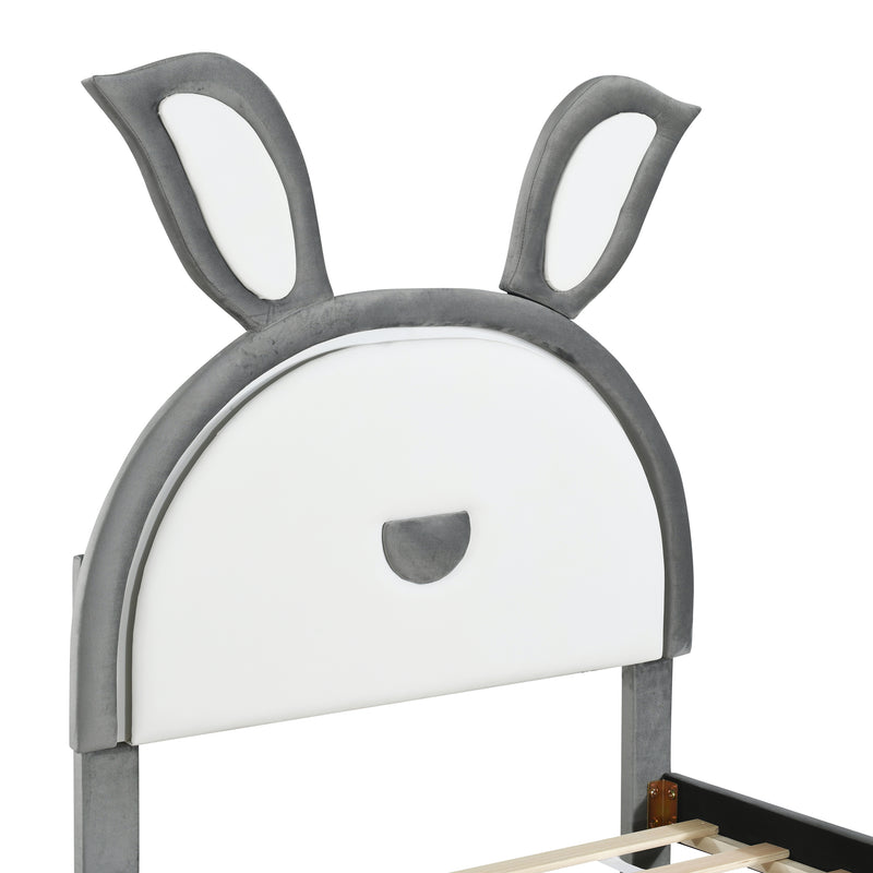 Twin Size Upholstered Platform Bed with Trundle and 3 Drawers, Rabbit-Shaped Headboard with Embedded LED Lights, Gray