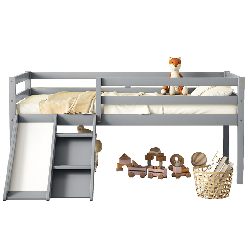 Twin Low Loft Bed with Slide,  Ladder, Safety Guardrails, No Box Spring Needed,Grey