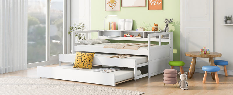 Twin XL Wood Daybed with 2 Trundles, 3 Storage Cubbies, 1 Light for Free and USB Charging Design, White