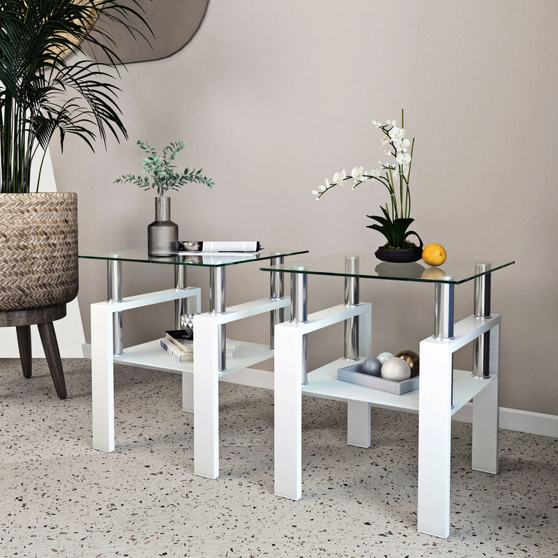 Modern Tempered Glass Tea Table, End Square Table For Living Room (Set of 2) - Transparent / White