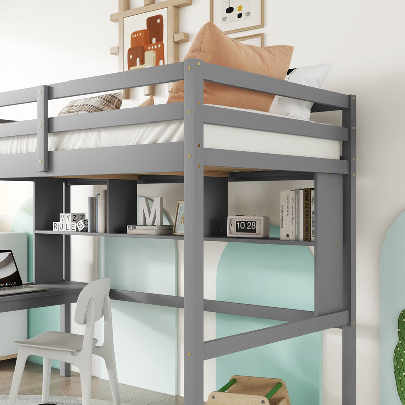 Loft Bed With Desk And Shelves, Safety Guardrail And Ladder