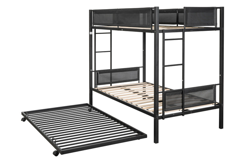 Metal Twin Over Twin Bunk Bed With Trundle/ Sturdy Metal Frame/ Noise Free Wood Slats/ Comfortable Textilene Guardrail/ 2 Side Ladders/ Space Saving Trundle/ Bunk Bed For Three/ No Box Spring Needed - Black