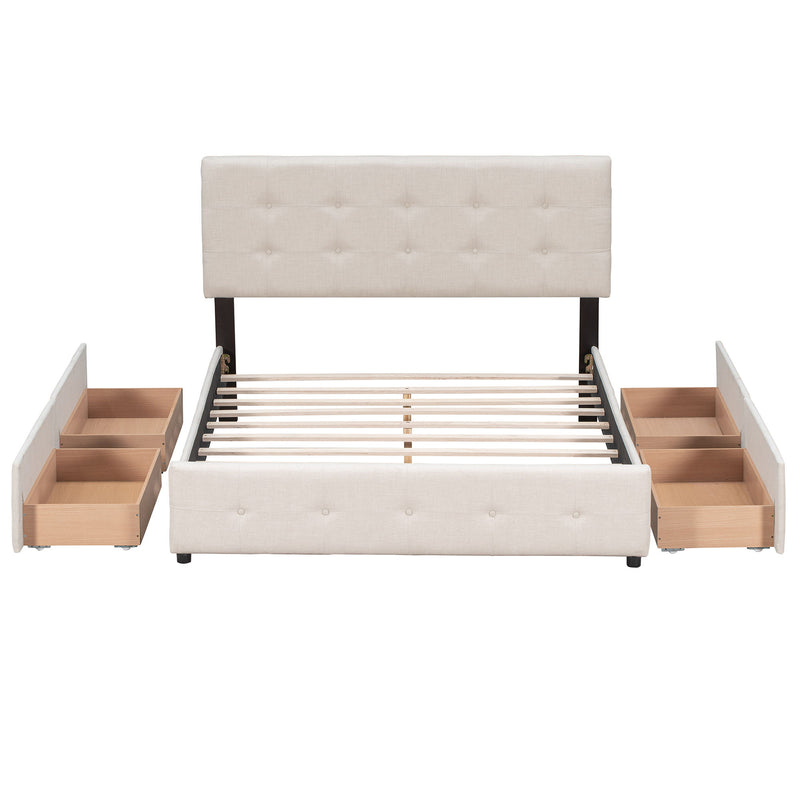 Queen Size Upholstered Platform Bed With Classic Headboard And 4 Drawers, No Box Spring Needed - Beige