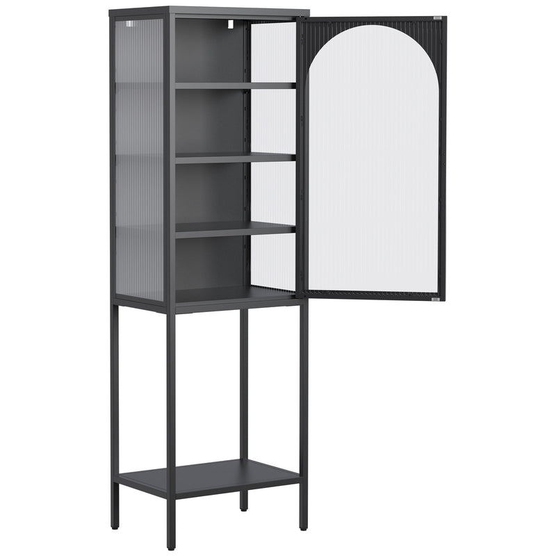 Metal Glass Door Display Storage Cabinet, 5 Tier Cube Bookshelf Storage Cabinet With 3 Adjustable Shelves For Kitchen, Dining Room, Living Room, Bathroom, Home Office - Black