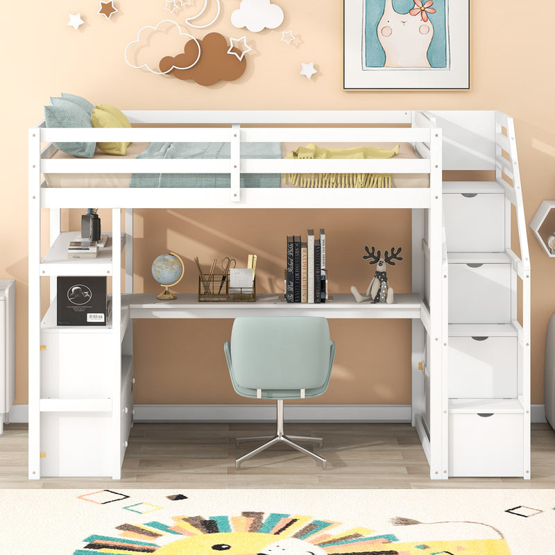 Twin Size Loft Bed with Desk and Shelves, Two Built-in Drawers, Storage Staircase, White