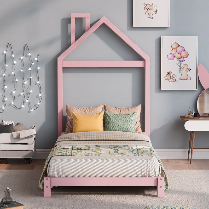 Twin Size Wood Platform Bed with House-shaped Headboard  (Pink)