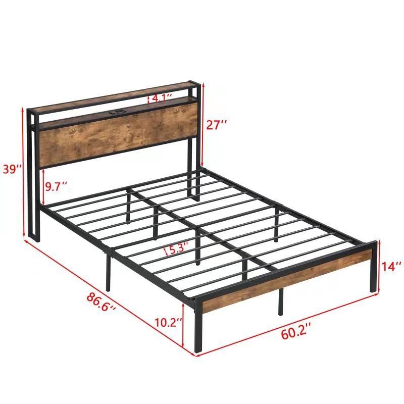 Queen Size Metal Platform Bed Frame With Wooden Headboard And Footboard With USB Liner, LED Lights, No Box Spring Needed, Large Under Bed Storage - Brown