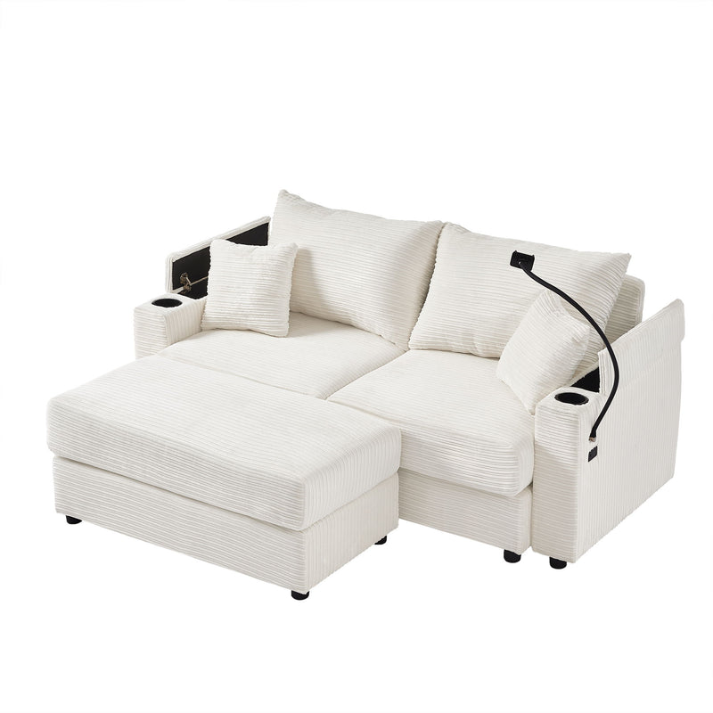 Modern Style Loveseat Sofa Sectional Sofa Couch With Storage Space, A Movable Ottoman, Two USB Ports, Two Cup Holders, A Phone Holder For Living Room