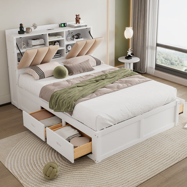 Wood Full Size Platform Bed with Storage Headboard and 4 Drawers, White