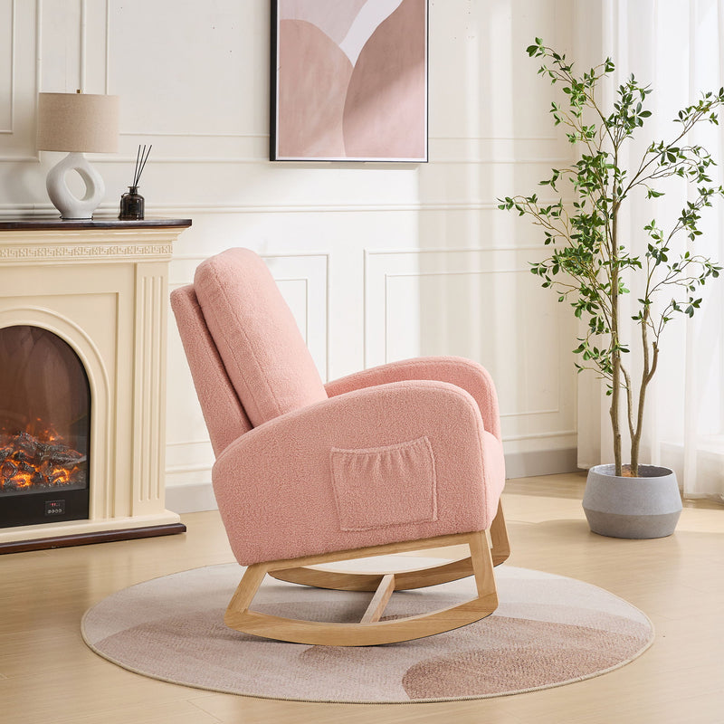 Rocking Chair For Nursery, Sherpa Glider Chair With High Back And Side Pocket, Rocking Accent Armchair With Rubber Wood Legs For Living Room / Bedroom