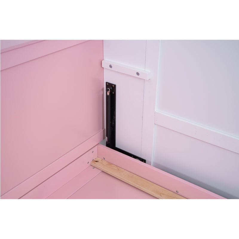 Wood Twin Size House Murphy Bed with USB, Storage Shelves and Blackboard, Pink+White