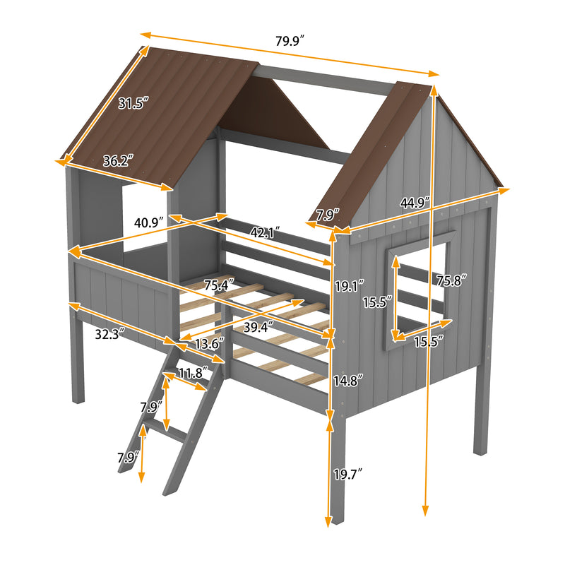 Twin Size Low Loft Wood House Bed with Two Side Windows  (Gray +Brown)(OLD SKU: LP000037AAL)