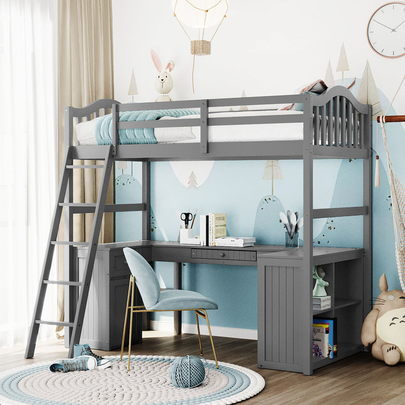 Twin size Loft Bed with Drawers, Cabinet, Shelves and Desk, Wooden Loft Bed with Desk - Gray(OLD SKU :LT000505AAE)