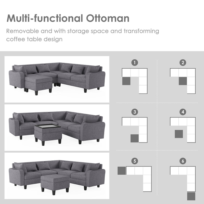 Modern Sectional Sofa With Coffee Table, 6 Seat Couch Set With Storage Ottoman, Various Combinations, L-Shape Indoor Furniture With Unique Armrests For Living Room (6 Pillows)