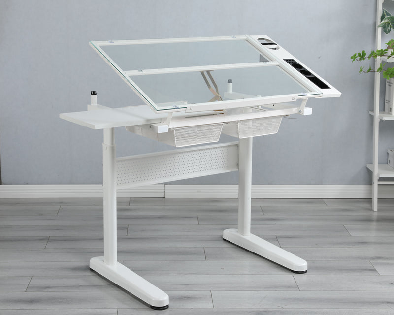 Hand Crank Adjustable Drafting Table Drawing Desk With 2 Metal Drawers With Stool - White