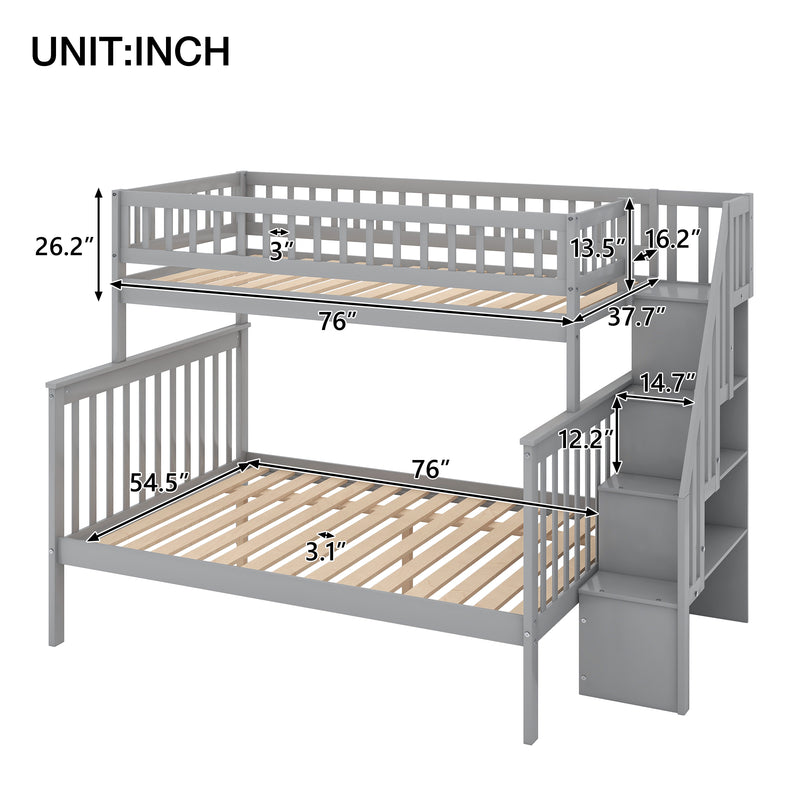 Twin over Full Stairway Bunk Bed with Storage, Gray