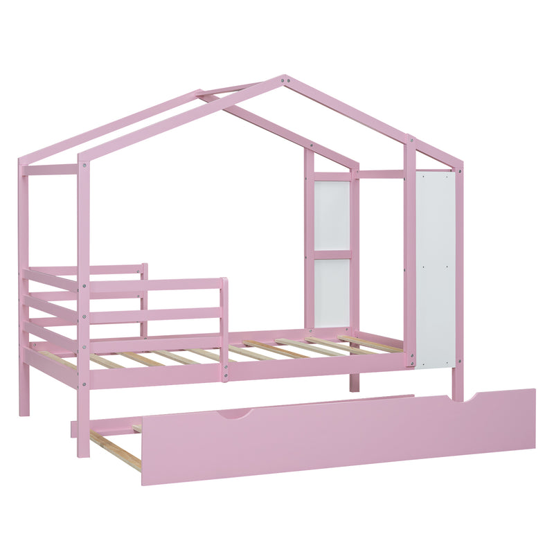 Twin Size Wood House Bed with Fence and Writing Board,Pink