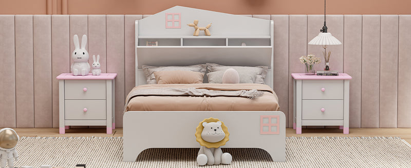 Wooden Twin Size House Bed with Storage Headboard ,Kids Bed with Storage Shelf, White