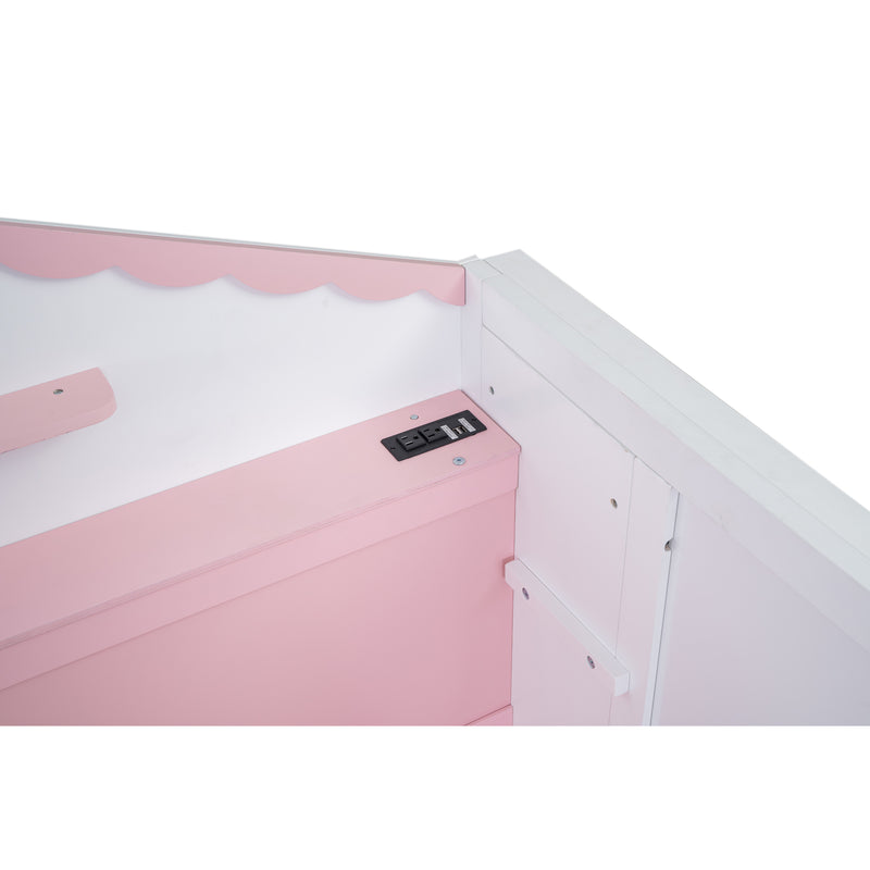 Wood Full Size House Murphy Bed with USB, Storage Shelves and Blackboard, Pink+White