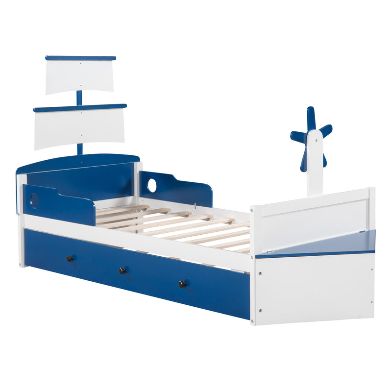 Twin Size Boat-Shaped Platform Bed with Twin size Trundle,Twin Bed with Storage for Bedroom,Blue