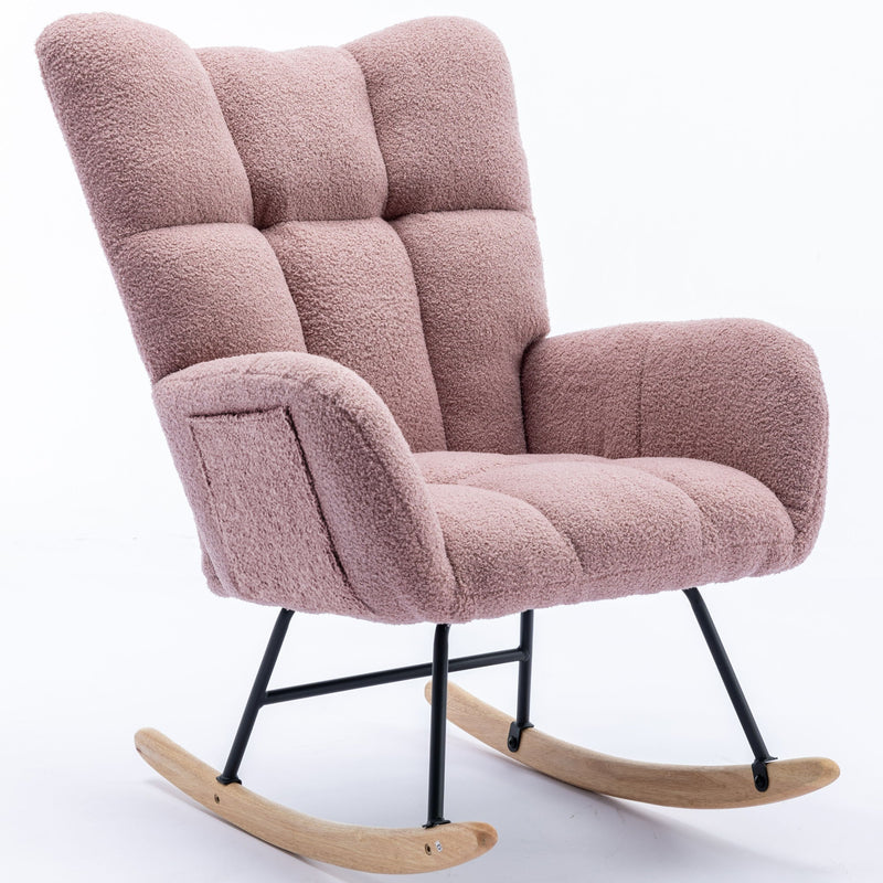 Rocking Chair With Pocket, Soft Teddy Fabric Rocking Chair For Nursery, Comfy Wingback Glider Rocker With Safe Solid Wood Base For Living Room