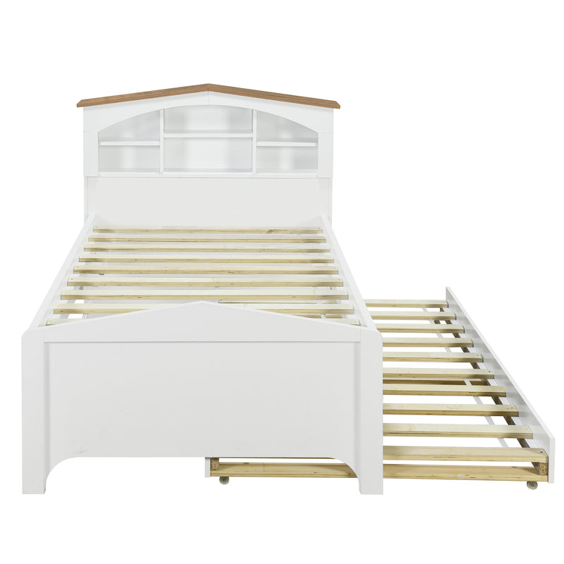 Twin Size Wood Platform Bed with House-shaped Storage Headboard and Trundle, White