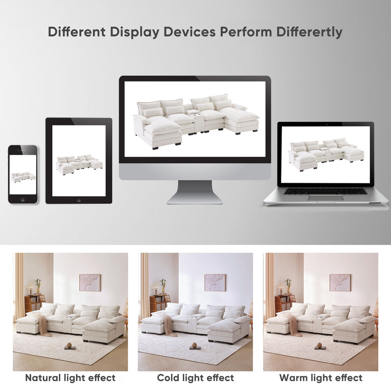 Modern U Shaped Sofa With Console, Cupholders And USB Ports, 6 Seat Upholstered Symmetrical Indoor Furniture, Sleeper Couch Set With Chaise For Living Room, Apartment, 2 Colors - White