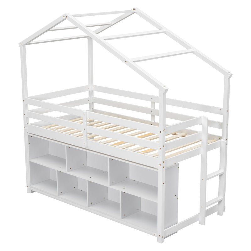 Twin House Loft Bed With Roof Frame, Under Bed Shelving Storage Unit, Guardrails, Ladder - White