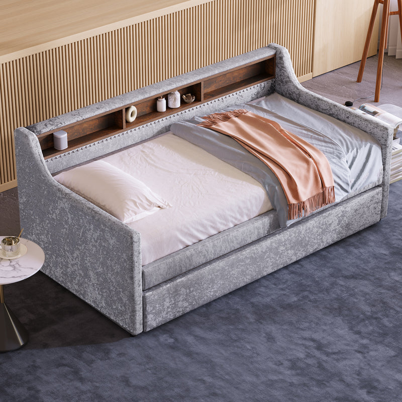 Twin Size Snowflake Velvet Daybed with Trundle and Built-in Storage Shelves,Gray