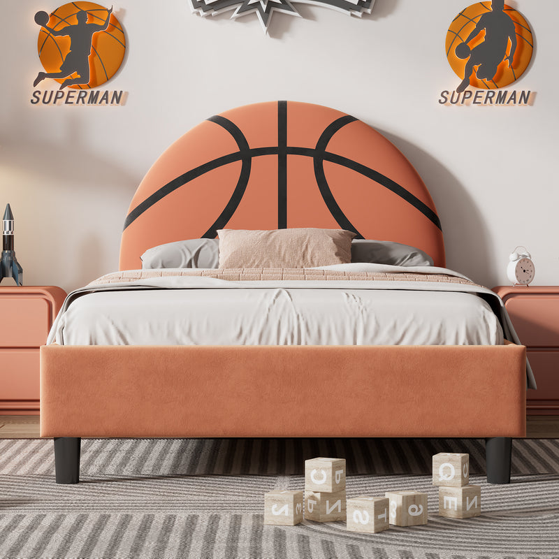 Basketball Design Upholstered Twin Platform Bed Sport Style Bed for Boys & Girls, Teens, Orange