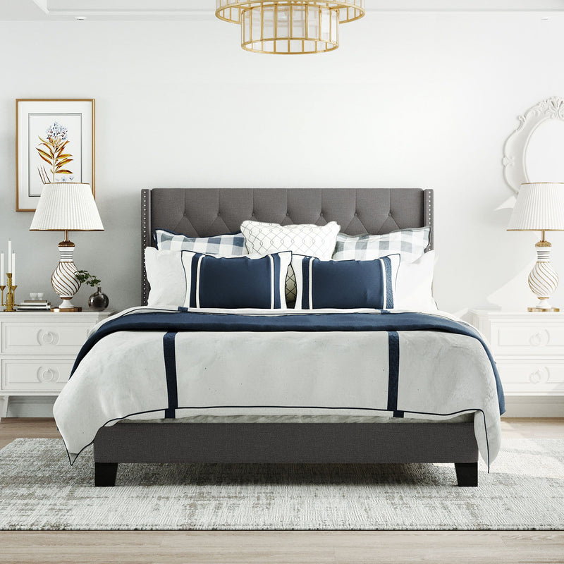 Queen Size Upholstered Platform Bed With Classic Headboard, No Box Spring Needed - Gray