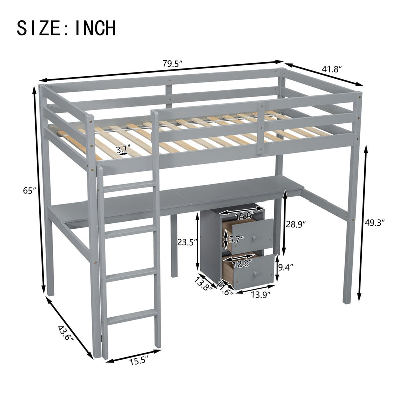 Loft Wood Bed With Under-Bed, Built-In Desk, A Storage Cabinet Of 2 Drawers, Guardrails, Ladder