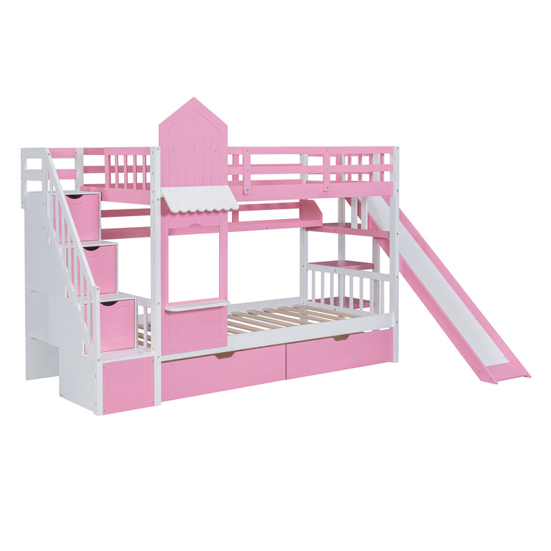 Twin-Over-Twin Castle Style Bunk Bed with 2 Drawers 3 Shelves and Slide - Pink