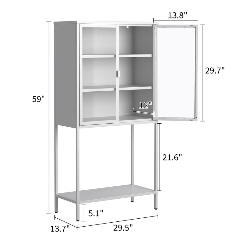 Heavy Duty Metal Storage Cabinet, Display Storage Cabinet With Glass Doors And 2 Adjustable Shelves, Tall Bookcase Modern Bookshelf Cabinet For Home Office, Living Room, Pantry - White