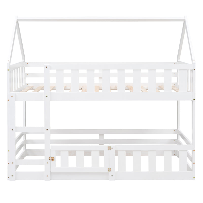 Twin over Twin House Bunk Bed with Fence and Door, White