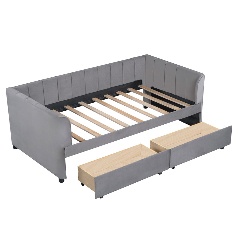 Twin Size Upholstered Daybed with Ergonomic Design Backrest and 2 Drawers, Gray